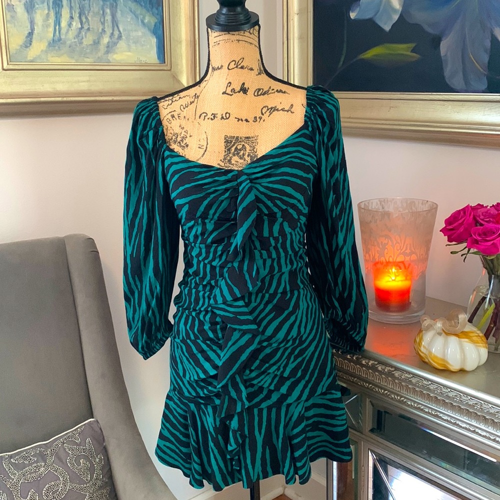 ZARA sexy fall club dress puff sleeves green black animal print ruffles XS 2 4